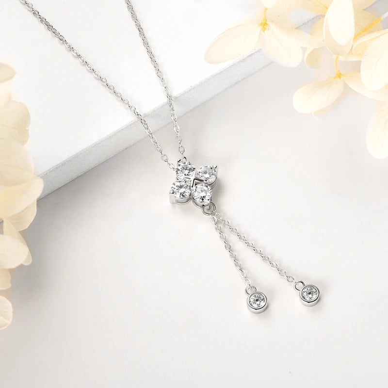 D1.40CT Moissanite Four Leaf Clover Pendant Necklace 100% 925 Silver Long Tassel Hanging Necklaces for Woman Charm Jewelry Gift
