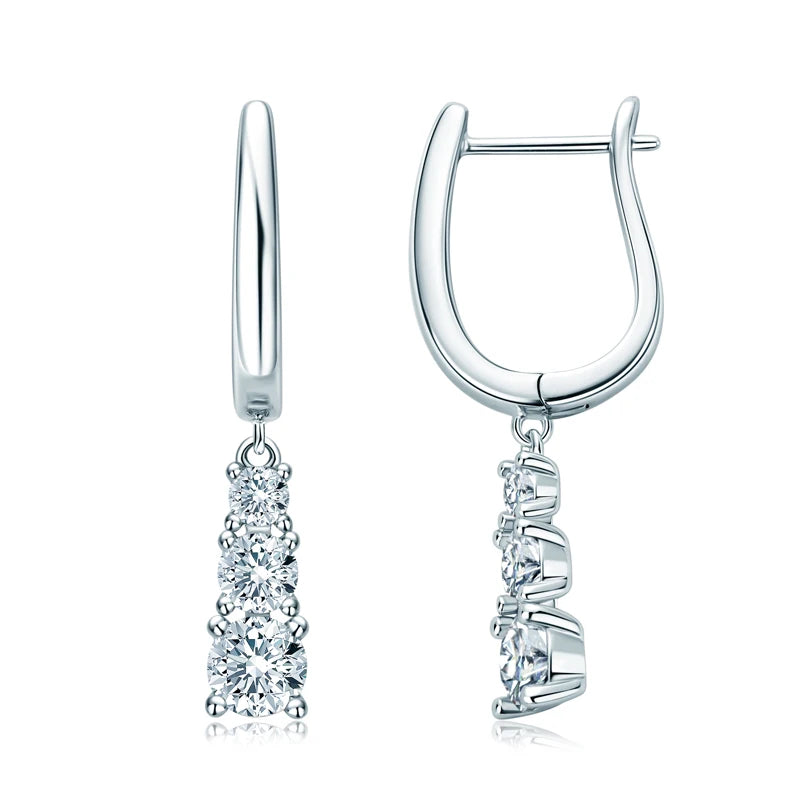 Anziw Three Stone Trilogy Clip Earrings 925 Sterling Silver 1.8CTW. Moissanite Pendant Earrings for Women Wedding Jewelry Gifts