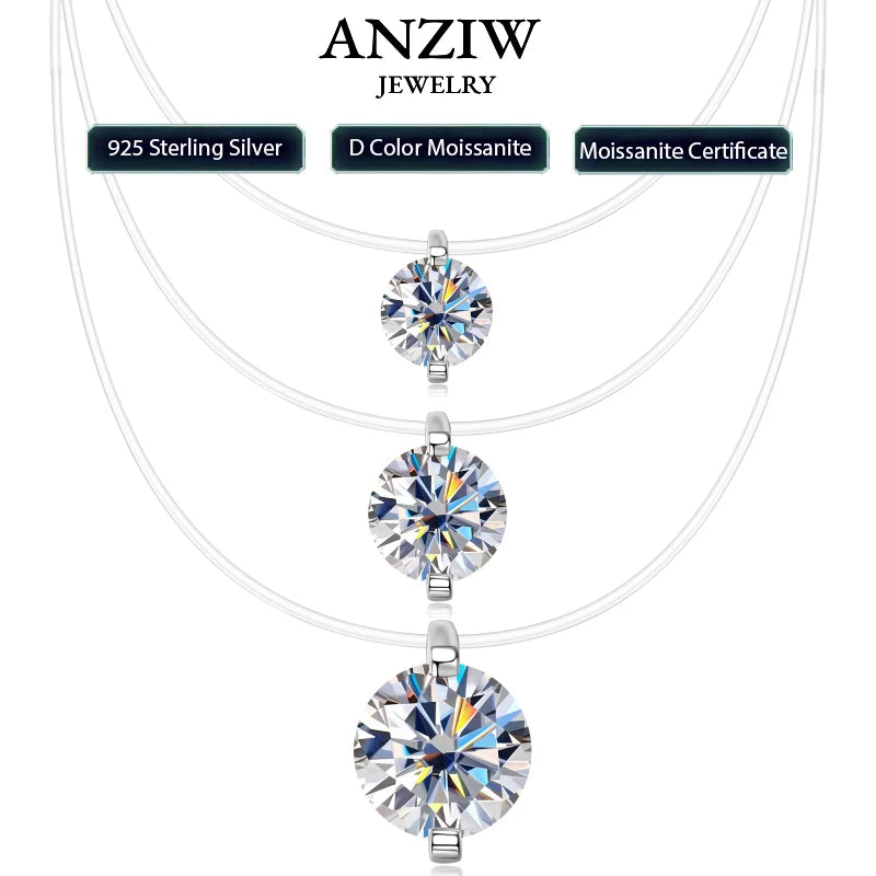 Anziw Trendy 3ct 1ct 0.5ct 2ct Moissanite Pendant Necklaces 925 Silver Adjustable Invisible Fish Line for Women Valentines Gift
