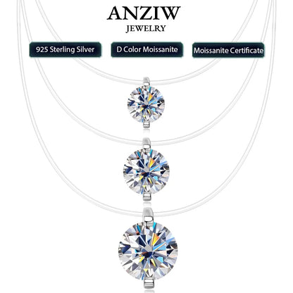Anziw Trendy 3ct 1ct 0.5ct 2ct Moissanite Pendant Necklaces 925 Silver Adjustable Invisible Fish Line for Women Valentines Gift