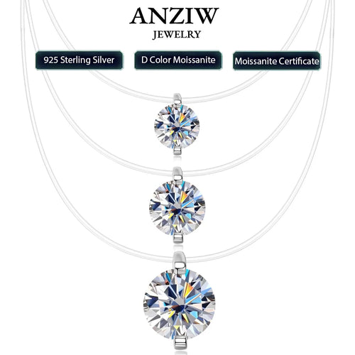 Anziw Trendy 3ct 1ct 0.5ct 2ct Moissanite Pendant Necklaces 925 Silver Adjustable Invisible Fish Line for Women Valentines Gift