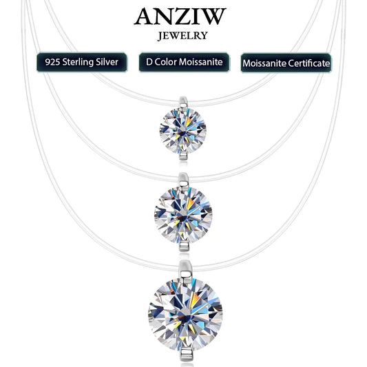 Anziw Trendy 3ct 1ct 0.5ct 2ct Moissanite Pendant Necklaces 925 Silver Adjustable Invisible Fish Line for Women Valentines Gift