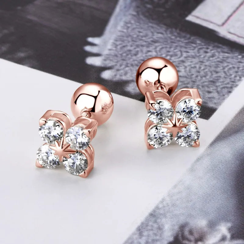 Anziw Lucky Four Leaf Clover Moissanite Stud Earrings 925 Sterling Silver Screw-Back Piercing Ear Jewelry for Women Men Gifts