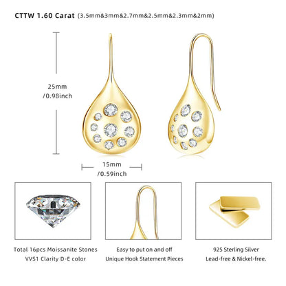 Anziw 1.6cttw Moissanite Dangle Hook Earrings 925 Silver for Women 2024 Trendy Large Teardrop Earrings Texture Jewelry Gift GRA