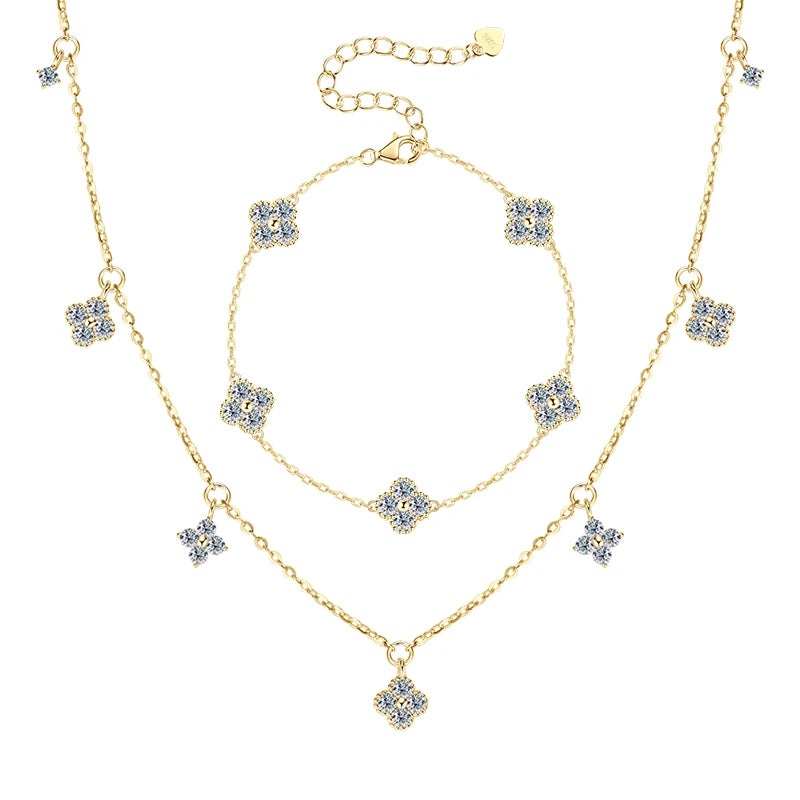 Anziw 3mm D Moissanite Jewelry Set Clover Flower Pendant Necklace Earrings Bracelet 3 in 1 Sets for Women 925 Silver Charm Gifts