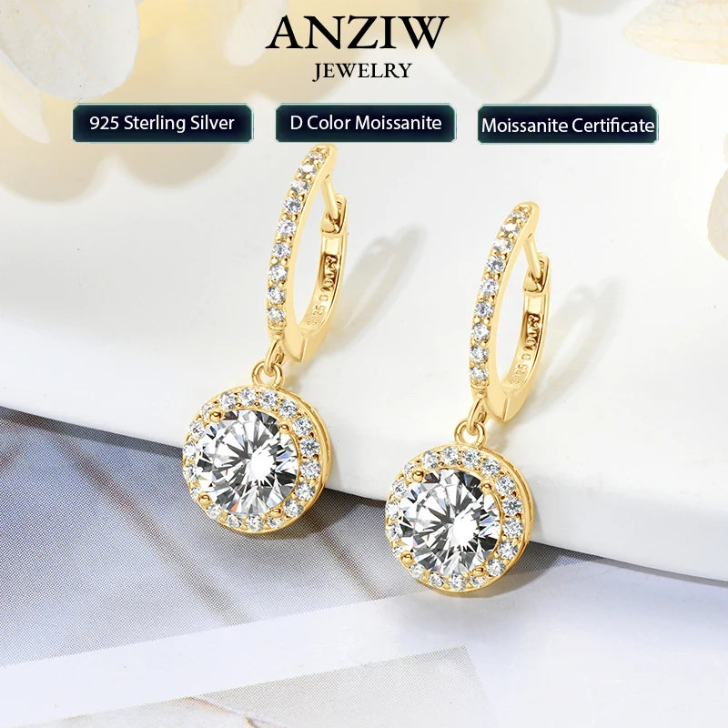 Anziw 3.0CT D Moissanite Pendant Hoop Earrings 925 Sterling Silver Drop Earring 2.0ct 1 carat Sparkling Jewelry For Women Dangle