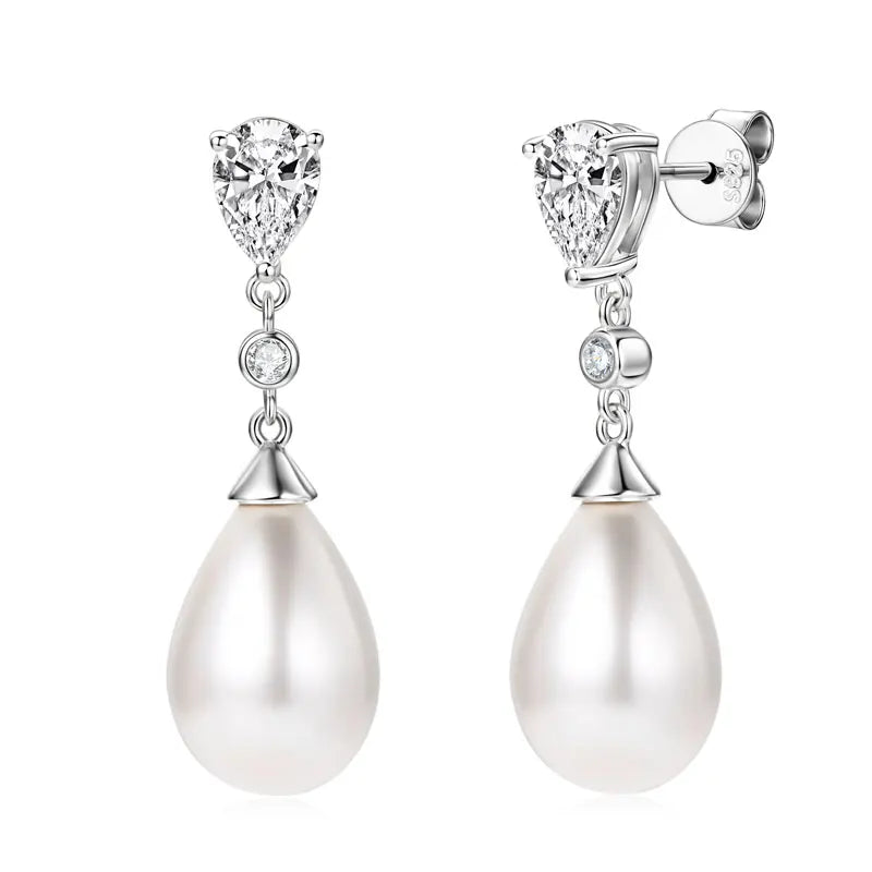 Anziw Elegant 925 Sterling Silver Earrings 13mm White Shell Pearl Drop Stud Earrings Engagement Wedding Fine Jewelry for Women