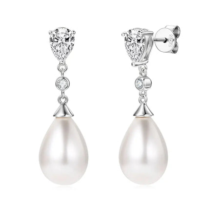 Anziw Elegant 925 Sterling Silver Earrings 13mm White Shell Pearl Drop Stud Earrings Engagement Wedding Fine Jewelry for Women