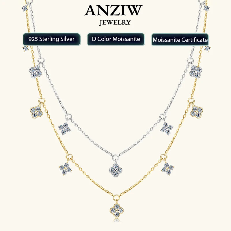 Anziw 2mm Moissanite Pendant Necklace for Women 925 Silver Four Clover Flower Clavicle Necklaces Charm Valentine Gift 2025 Trend