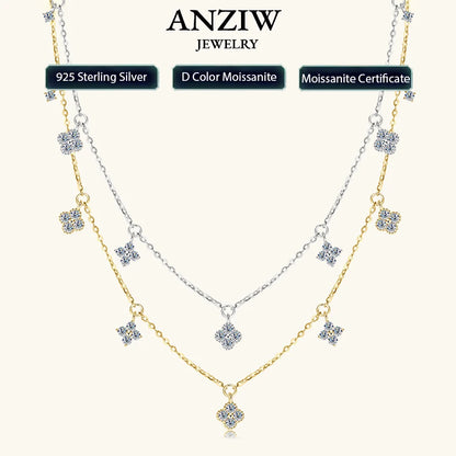 Anziw 2mm Moissanite Pendant Necklace for Women 925 Silver Four Clover Flower Clavicle Necklaces Charm Valentine Gift 2025 Trend