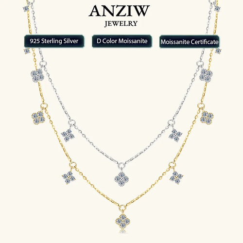 Anziw 2mm Moissanite Pendant Necklace for Women 925 Silver Four Clover Flower Clavicle Necklaces Charm Valentine Gift 2025 Trend