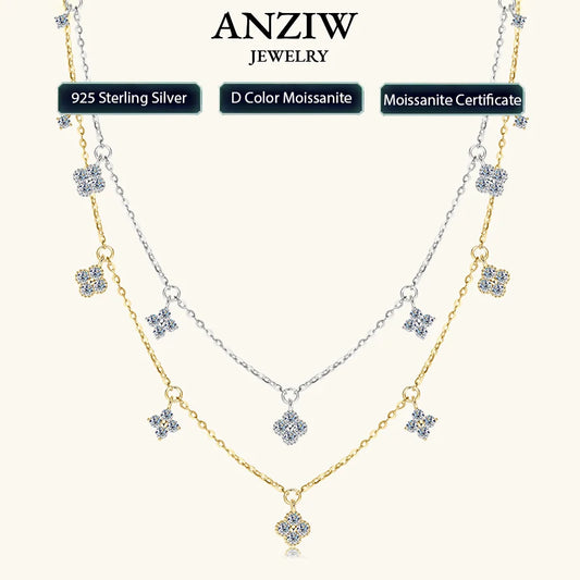 Anziw 2mm Moissanite Pendant Necklace for Women 925 Silver Four Clover Flower Clavicle Necklaces Charm Valentine Gift 2025 Trend