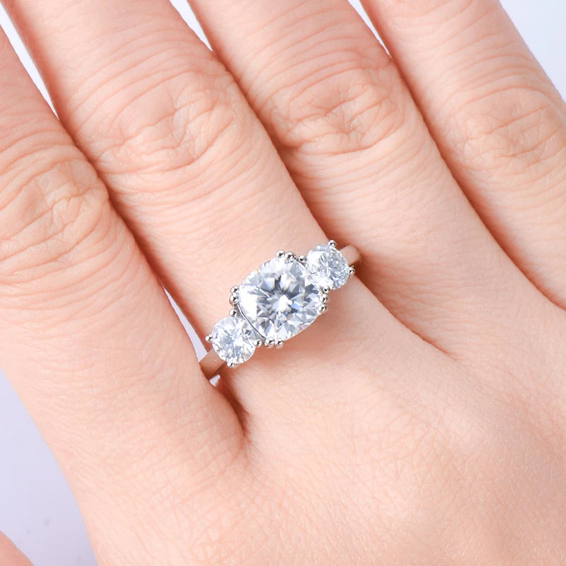 Anziw 3.5CTTW. Cushion & Round Moissanite Ring 925 Silver 3 Stone Engagement Wedding Promise Rings For Women Finger Jewelry D-E