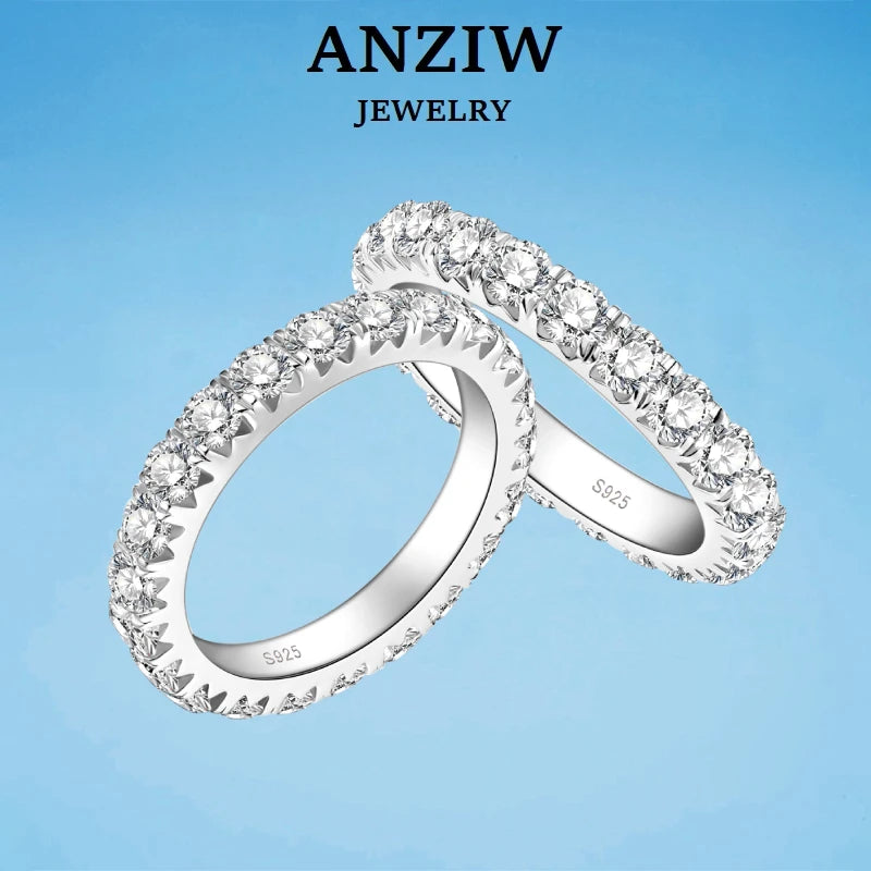 Anziw 3mm D Moissanite Full Eternity Thin Bands Stackable Engagement Wedding Ring White Gold Silver 925 for Women Jewelry Gifts