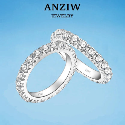 Anziw 3mm D Moissanite Full Eternity Thin Bands Stackable Engagement Wedding Ring White Gold Silver 925 for Women Jewelry Gifts