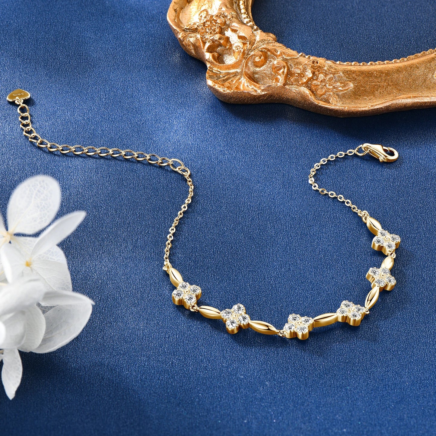 Anizw 2024 New Trendy 925 Silver 18k Gold Plated Flower Bracelet Moissanite 2mm D Color Chain Bracelet for Women Wedding Jewelry