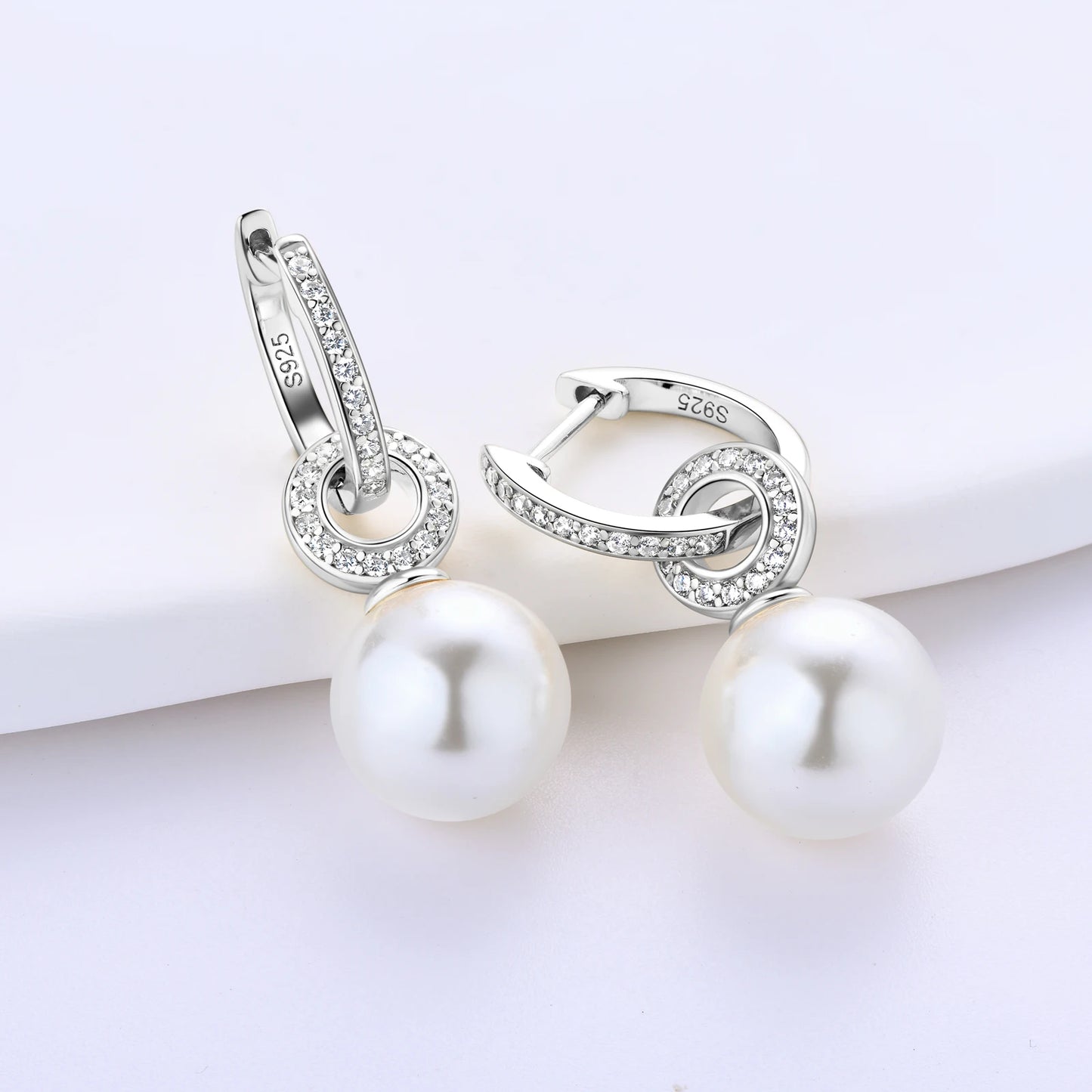 Anziw Real 925 Sterling Silver Hoop Earrings 9-10mm White Shell Pearl Drop Earring Detachable Wedding Party Jewelry for Women