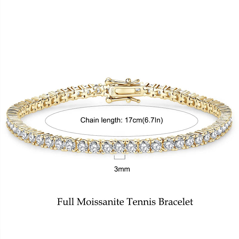 Anziw 925 Sterling Silver Plated 14K Gold Tennis Bracelet 3mm 5mm D VVS1 Round Moissanite Bracelets for Women Men Couples Gifts