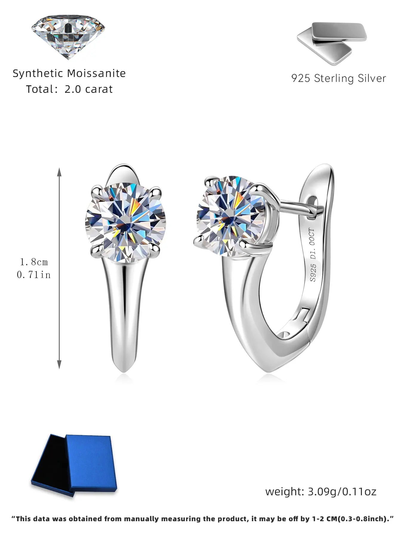 Anziw Certified D Color 1.0CT 6.5mm Moissanite Hoop Earrings 925 Silver Earring Lab Diamond Huggies for Women Fine Jewelry Gifts