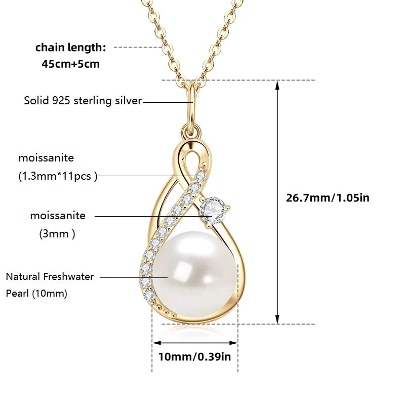 Anziw 10mm Freshwater/Tahitian Black Pearl Moissanite Infinity Pendant Necklace Silver 925 Wedding Jewelry for Women Gift 45+5cm