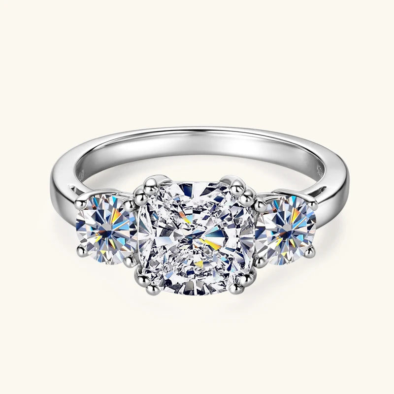 Anziw 3.5CTTW. Cushion & Round Moissanite Ring 925 Silver 3 Stone Engagement Wedding Promise Rings For Women Finger Jewelry D-E