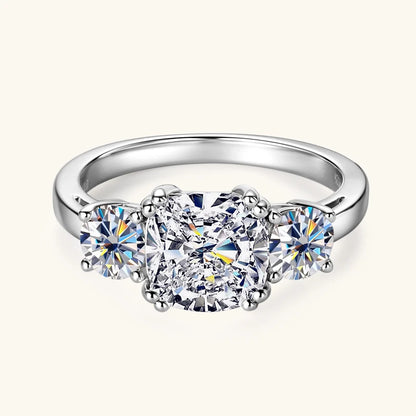 Anziw 3.5CTTW. Cushion & Round Moissanite Ring 925 Silver 3 Stone Engagement Wedding Promise Rings For Women Finger Jewelry D-E