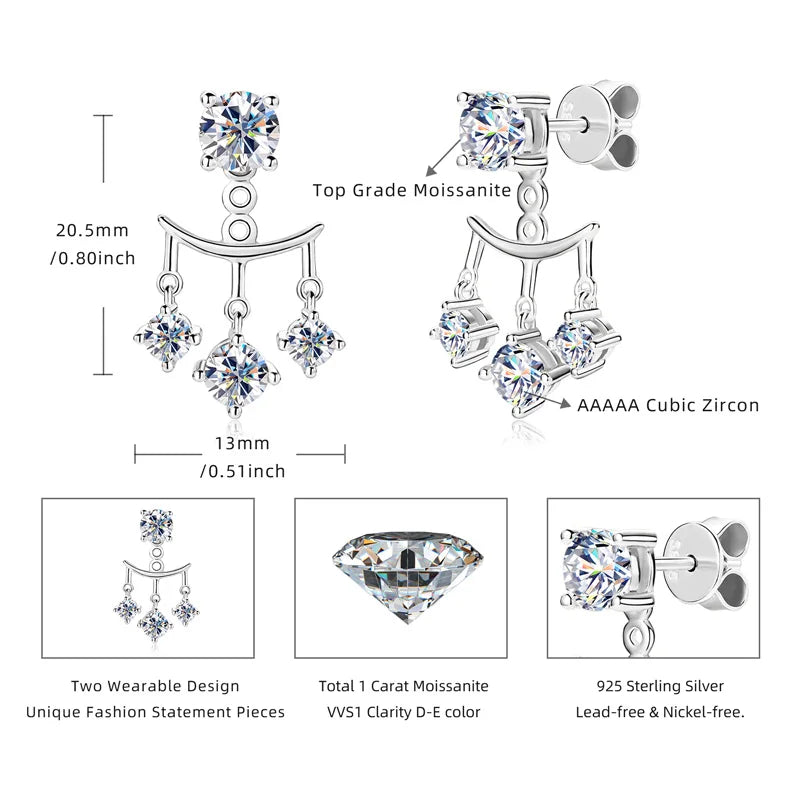 Anziw Trendy Dual Use Earrings Jackets 925 Sterling Silver D Color Moissanite Ear Jacket Studs for Women Jewelry Valentine Gifts