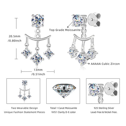 Anziw Trendy Dual Use Earrings Jackets 925 Sterling Silver D Color Moissanite Ear Jacket Studs for Women Jewelry Valentine Gifts