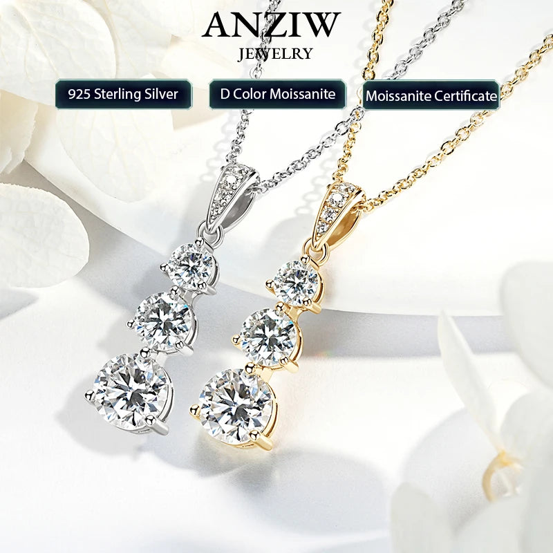 925 Silver D1.85CT Moissanite Necklace Certified Gradual Three Stone Pendant Collar Wedding Anniversary Jewelry Gift for Women