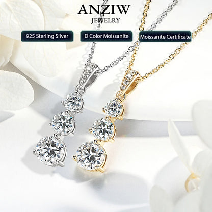 925 Silver D1.85CT Moissanite Necklace Certified Gradual Three Stone Pendant Collar Wedding Anniversary Jewelry Gift for Women