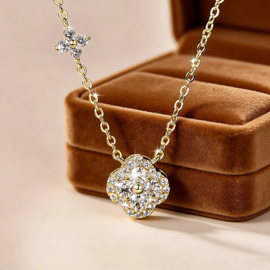 Anziw 3mm Certified Moissanite Clover Flower Pendants 14k Gold Filled Necklace for Women Adjustable Necklaces Charm Jewelry Gift