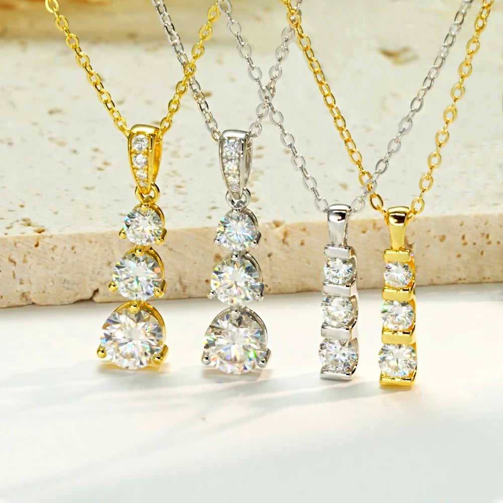 Real Certified Gradual Three Stone Moissanite Pendant Necklace 100% 925 Silver for Women Luxury Wedding Anniversary Jewelry Gift