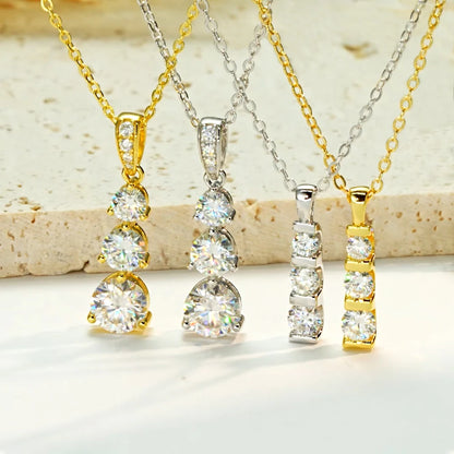 Real Certified Gradual Three Stone Moissanite Pendant Necklace 100% 925 Silver for Women Luxury Wedding Anniversary Jewelry Gift