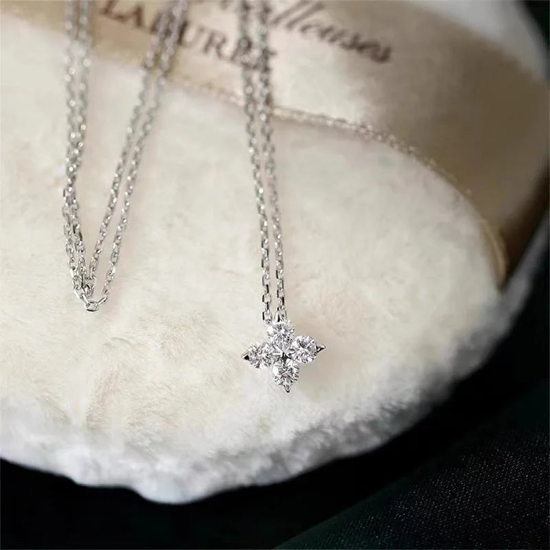 Anziw Lucky Clover Flower 3mm Moissanite Jewelry Set 925 Silver Pendant Necklace Stud Earrings for Women S925 Charm Fine Jewelry
