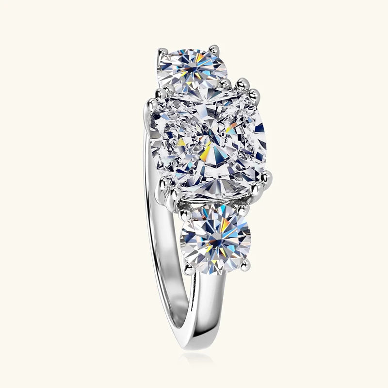 Anziw 3.5CTTW. Cushion & Round Moissanite Ring 925 Silver 3 Stone Engagement Wedding Promise Rings For Women Finger Jewelry D-E