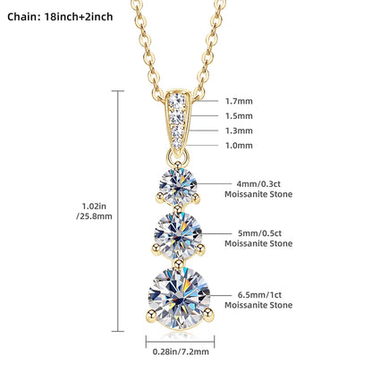 4mm&3.5mm&3mm 0.60cttw. 3 Stones D Color Moissanite Pendant Necklaces 925 Silver for Women 18K Gold Plated 2025 Trendy Jewelry