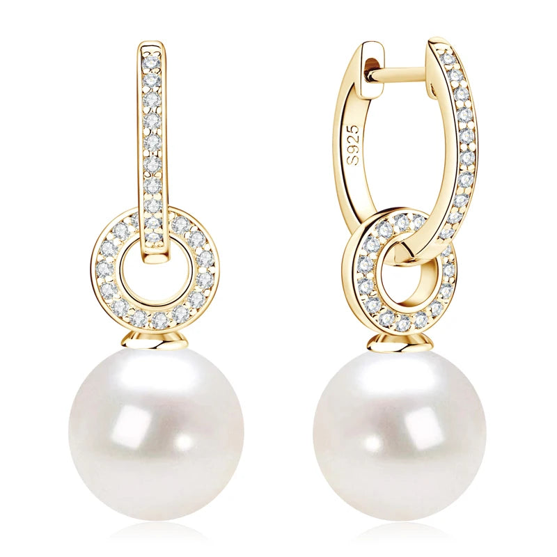 Anziw Real 925 Sterling Silver Hoop Earrings 9-10mm White Shell Pearl Drop Earring Detachable Wedding Party Jewelry for Women