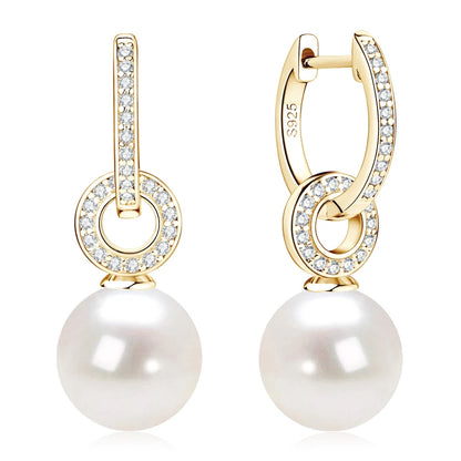 Anziw Real 925 Sterling Silver Hoop Earrings 9-10mm White Shell Pearl Drop Earring Detachable Wedding Party Jewelry for Women