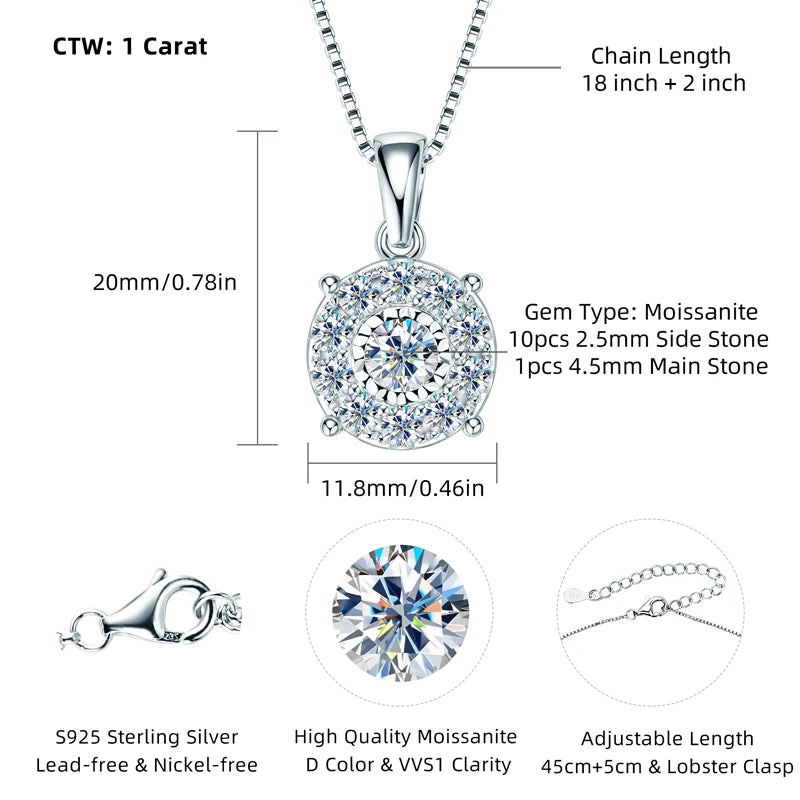 Anziw 1CT Full Moissanite Pendant Necklace for Women 925 Silver Chain 6.5mm Lab Diamond Collar 2025 New Jewelry Gift Christmas's