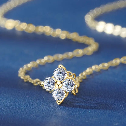 Anziw 100% Real 10K Gold Clover Flower 2.5mm D Moissanite Pendant Necklace Adjustable Chain for Women Lucky Charm Jewelry Gifts