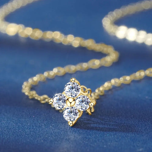 Anziw 100% Real 10K Gold Clover Flower 2.5mm D Moissanite Pendant Necklace Adjustable Chain for Women Lucky Charm Jewelry Gifts