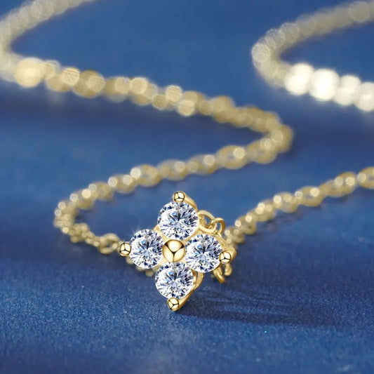 Anziw 100% Real 10K Gold Clover Flower 2.5mm D Moissanite Pendant Necklace Adjustable Chain for Women Lucky Charm Jewelry Gifts