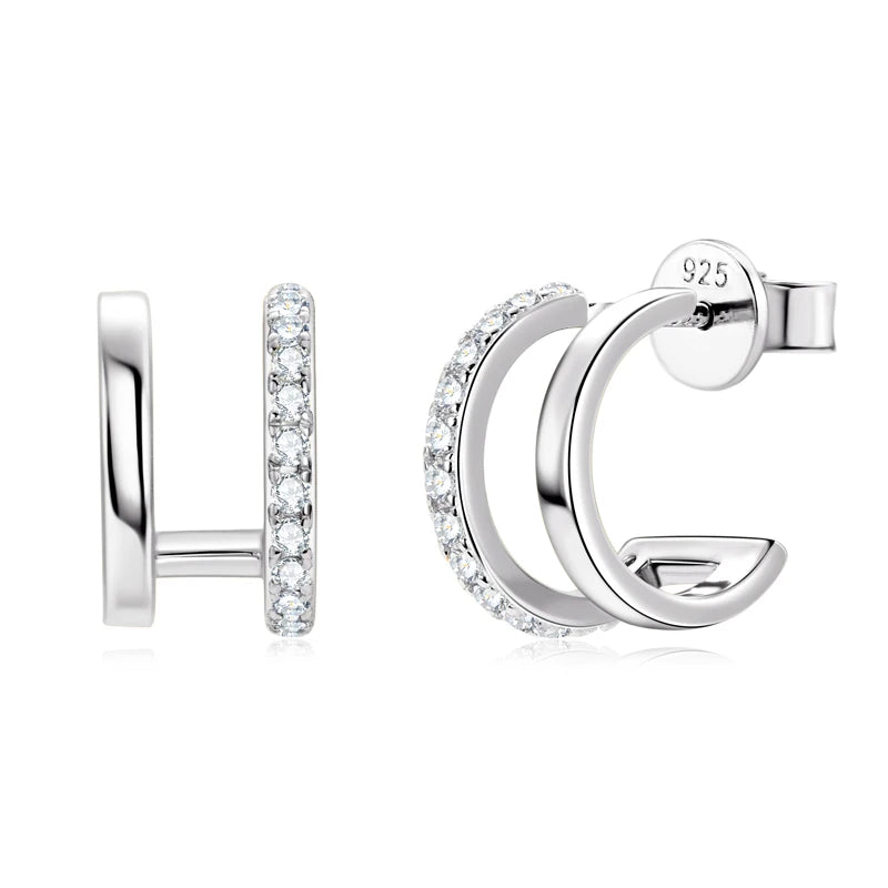 Anziw NEW 4mm Moissanite Piercing Stud Ear Cuffs 925 Sterling Silver Double Side Hoop Earrings for Women Illusion Jewelry Gifts