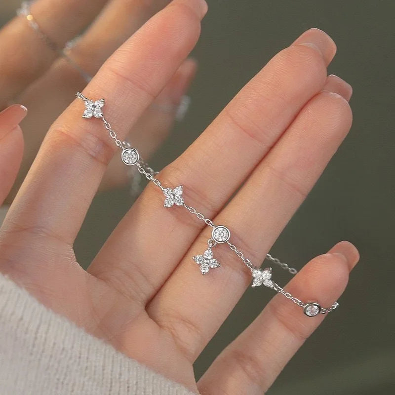 Anziw Certified D-E Moissanite Bracelet 925 Sterling Silver Women's Clover Flower Bracelets Adjustable S925 Chain Trendy Jewelry