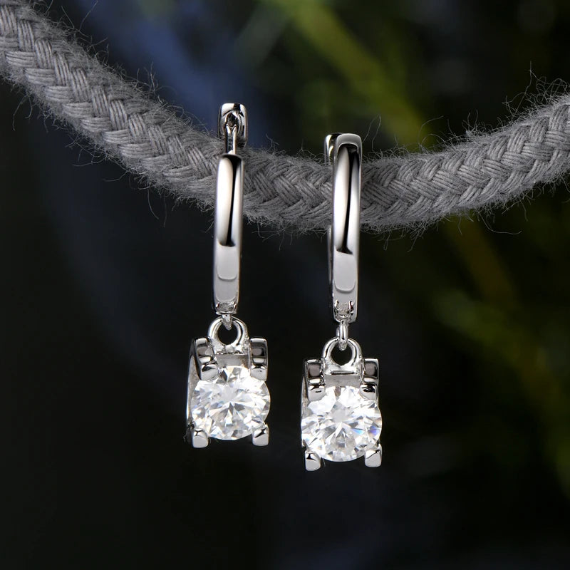 Real 925 Sterling Silver 5mm 1ctw. Round D Color Moissanite Diamond Drop Hoop Earrings For Women Fine Jewelry Wedding Party Gift