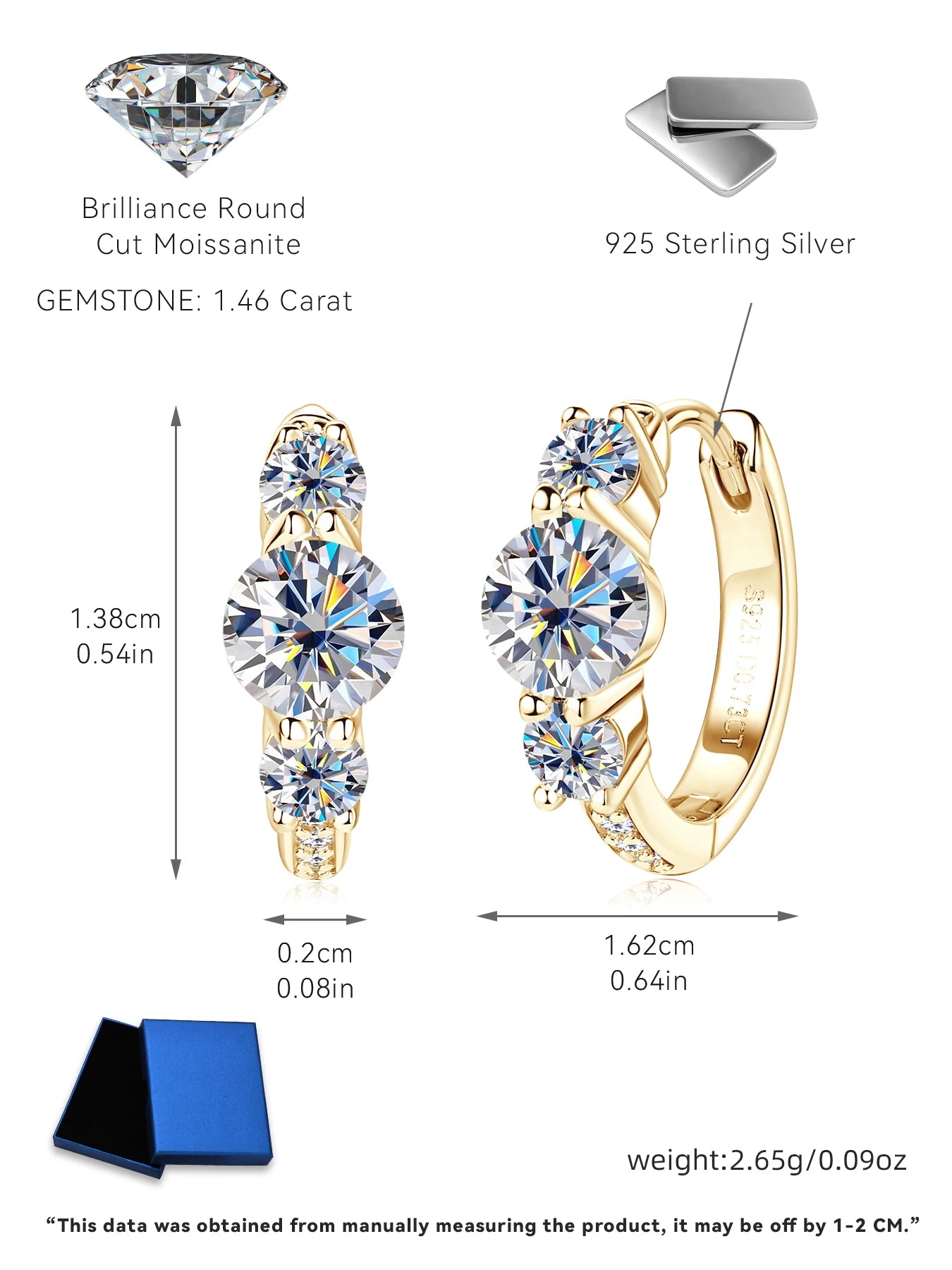 Anziw Classic 6.5mm&4mm&1.3mm D Moissanite 3-Stone Hoop Huggies Earrings 925 Silver Fine Jewelry Valentine's Day Gift for Women