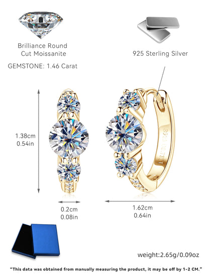 Anziw Classic 6.5mm&4mm&1.3mm D Moissanite 3-Stone Hoop Huggies Earrings 925 Silver Fine Jewelry Valentine's Day Gift for Women