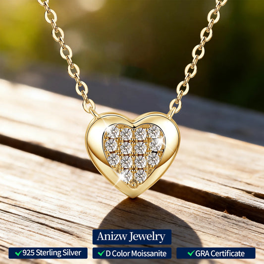 Anziw Love Heart Full Moissanite Solitaire Pendant Necklace for Women 925 Silver Chain Adjustable Collar Jewelry Gift Valentines