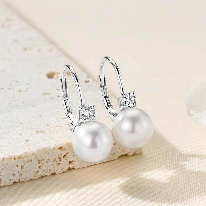 Anziw 925 Sterling Silver 8-9mm Natural Freshwater Pearl and 3mm Moissanite Hoop Drop Earrings Wedding Fine Jewelry for Women