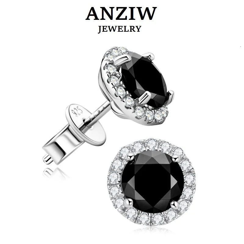 Anziw Vintage 0.8CT Black Moissanite Stud Earrings Silver 925 Jewelry for Women Men Halo Piercing Ear Earring Trending Products